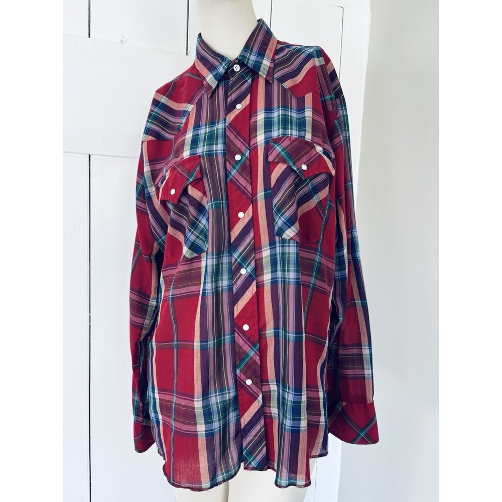 Vintage Wrangler Western Shirt Mens‎ Medium Large Plaid Pearl Snap Lightweight